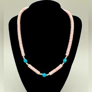 Southwestern Sterling Silver Pink Conch 7mm & Blue Turquoise 8mm Bead Necklace